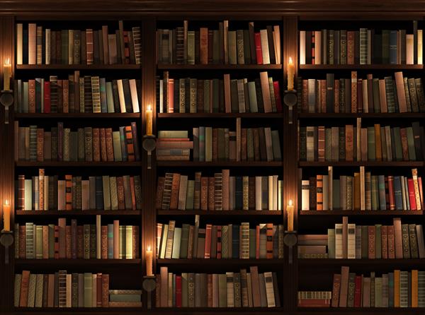 قفسه کتاب بافت بدون درز زمینه کتابخانه مرموز با نور شمع