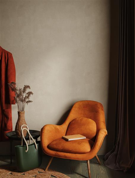 فضای داخلی خانه اتاق نشیمن تاریک مدرن با صندلی راحتی نارنجی رندر سه بعدی
