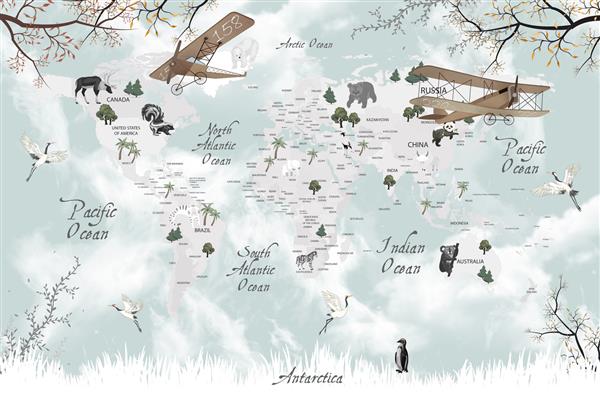 طراحی کاغذ دیواری نقشه دنیای حیوانات برای بچه ها