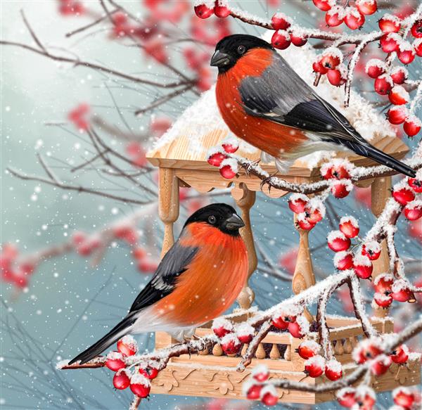پس زمینه کریسمس زمستانی دو تا جوان روی شاخه ای پوشیده از برف تغذیه کننده چوبی پرندگان بارش برف دسته های توت نورپردازی عصرانه رندر سه بعدی