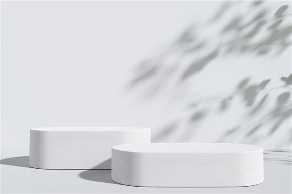 تریبون نمایش محصول مرمر با برگ های طبیعت سایه در پس زمینه سفید رندر سه بعدی