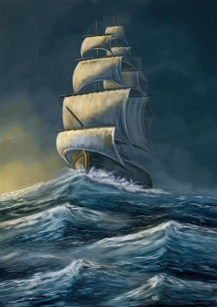 کشتی قدیمی قایقرانی در دریای طوفانی گالن زیر آسمان تاریک تصویرسازی نقاشی دیجیتال