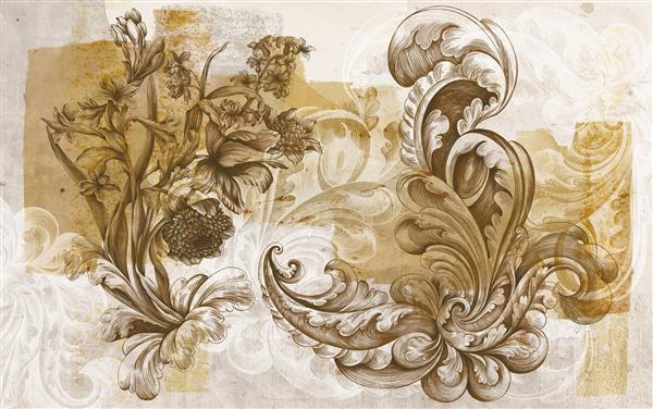 نقاشی دیواری کاغذ دیواری حکاکی روی دیوار گل ها و الگوهای گرافیکی روی دیوار گرانج بتونی طراحی برای سبک لفت کلاسیک مدرن