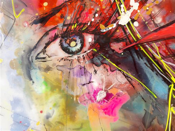 این نقاشی روی بوم کتانی با اکریلیک است عنوان آن نگاه زیباست این نقاشی نمایانگر چشم یک زن است تاریخ آن 2020 است