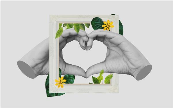 هنر مدرن کولاژ دیجیتال نماد قلب دست ساز با قاب عکس مد قدیمی و برگ و گل استوایی