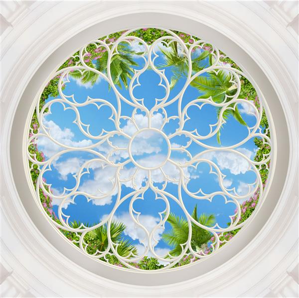 نخل های سبز در مقابل آسمان از پنجره رندر سه بعدی سقف هنری کاغذ دیواری سه بعدی دیجیتال