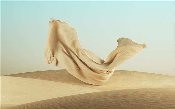 رندر سه بعدی پس‌زمینه مد مینیمال مدرن انتزاعی با تپه‌های شنی و پارچه‌های در حال سقوط منظره بیابانی با پارچه پرنده