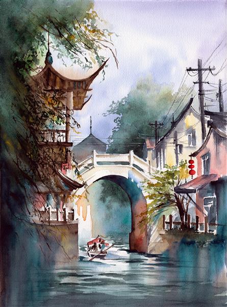 نقاشی آبرنگ که منظره شهری چینی را با قایق روی رودخانه پل و ساختمان‌های زیبا به تصویر می‌کشد