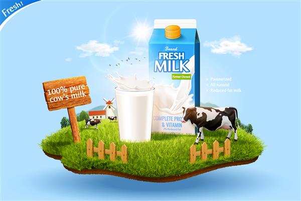 قالب تبلیغ شیر سه بعدی برای نمایش محصول مجموعه ماکت بسته شیر در مزرعه مینیاتوری با گاو و شیشه