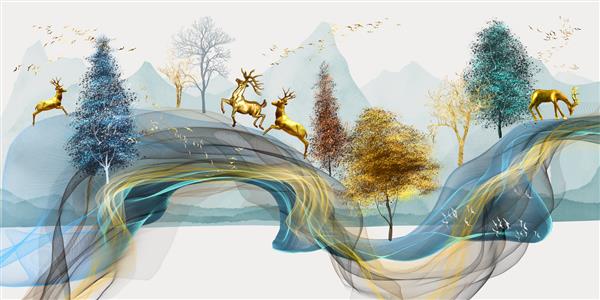 تصویر سه بعدی از منظره طبیعی با گله آهو درختان و کوه ها