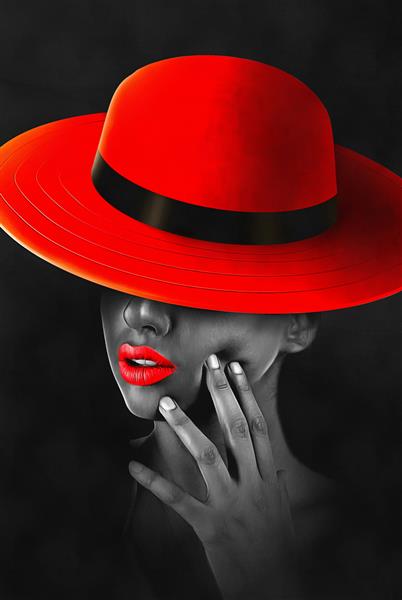 نقاشی رنگ روغن سیاه و سفید مدرن دختر زیبا با کلاه قرمزی مجموعه هنرمند از نقاشی حیوانات برای دکوراسیون و داخلی هنر بوم انتزاعی