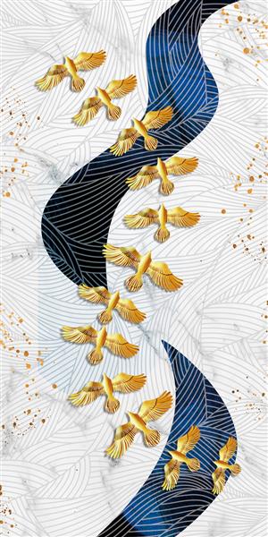 مفهوم هنری جدید چینی و طراحی انتزاعی ایوان پرنده طلایی ذن به سبک چینی برای نقاشی دیوار نقاشی معلق پس زمینه پذیرایی یا دکوراسیون پس زمینه تلویزیون رندر سه بعدی