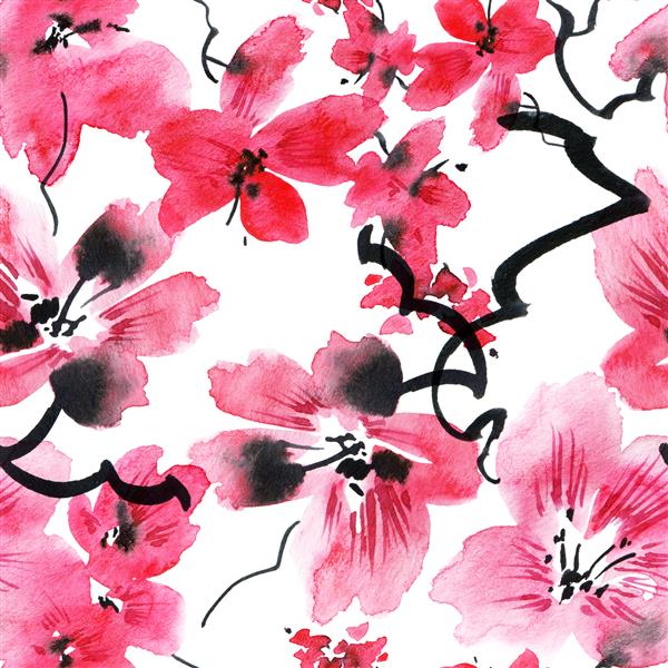 تصویر آبرنگ درخت ساکورا شکوفه با گل‌ها و جوانه‌های صورتی الگوی بدون درز نقاشی سنتی شرقی به سبک سومی یو سین و گوهوا گل در پس زمینه سفید