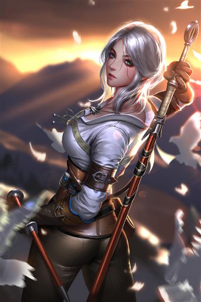 یک دختر زیبا که یک جفت شمشیر در دست دارد که به سبک بازی نقاشی شده است