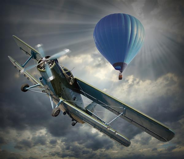 تصویر سبک مد قدیمی از هواپیمای دوباله و بالون هوای گرم تاریخچه مفهوم هوانوردی
