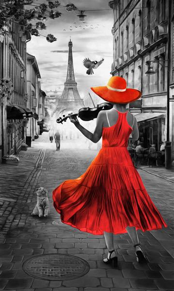 نقاشی رنگ روغن سیاه و سفید دختری در حال نواختن ویولن در غروب خورشید در پاریس با برج ایفل مجموعه نقاشی های رنگ روغن طراحان دکوراسیون داخلی هنر بوم انتزاعی مدرن قدیمی