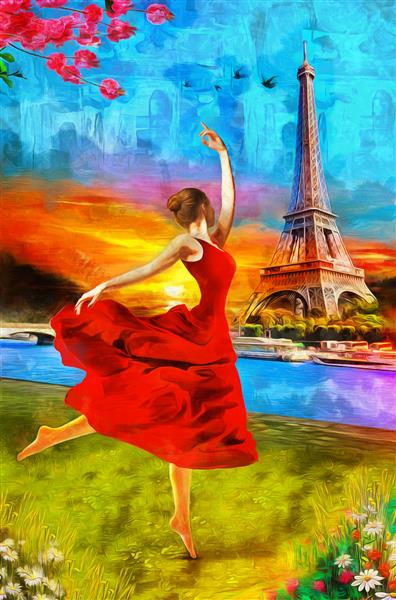 نقاشی رنگ روغن یک دختر بالرین در حال رقصیدن در غروب خورشید در پاریس با برج ایفل مجموعه ای از نقاشی های رنگ روغن طراحان دکوراسیون داخلی هنر بوم انتزاعی مدرن قدیمی