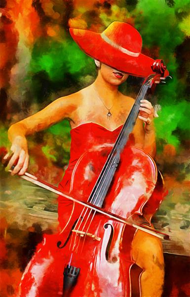 نقاشی رنگارنگ انتزاعی و رنگارنگ مدرن دختری که با کلاه قرمزی ویولن می نوازد مجموعه ای از نقاشی های رنگ روغن طراحان دکوراسیون داخلی هنر بوم انتزاعی مدرن قدیمی