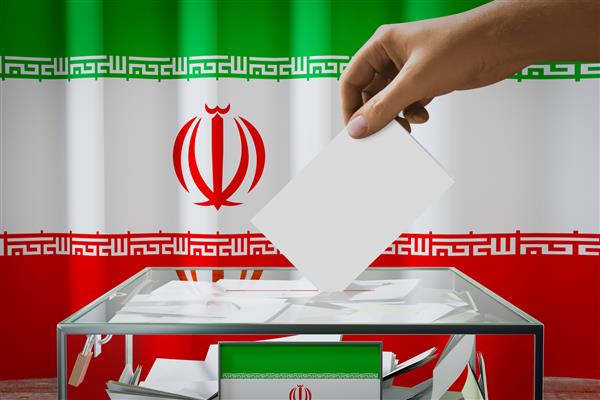 پرچم ایران دست انداختن کارت رای در جعبه رای گیری مفهوم انتخابات تصویر سه بعدی