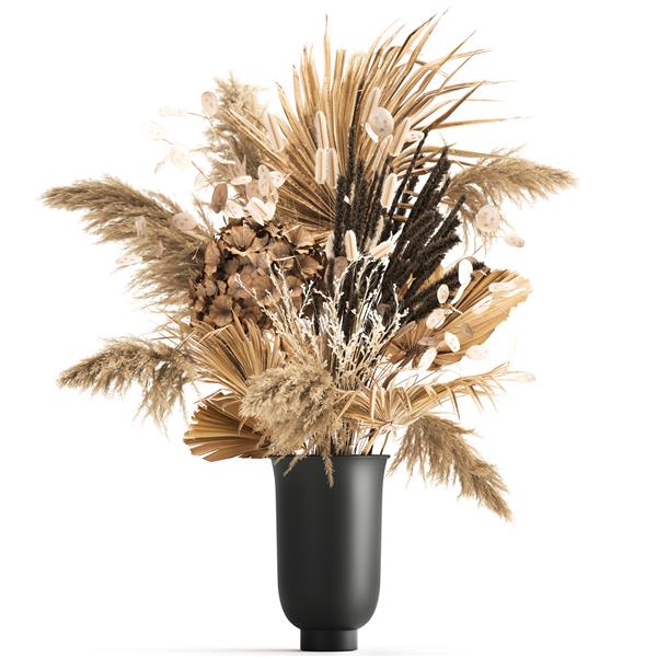 تصویر سه بعدی دسته گل تزئینی از گل های خشک در یک گلدان سیاه با نی در پس زمینه سفید
