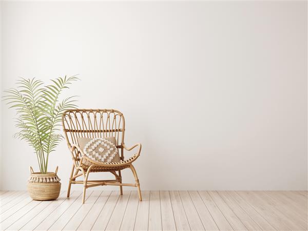 ماکت دیواری خالی در فضای داخلی اتاق بژ خنثی گرم با صندلی راحتی حصیری گیاه نخل در سبد بافته شده دکوراسیون به سبک بوهو و فضای آزاد تصویرسازی رندر سه بعدی