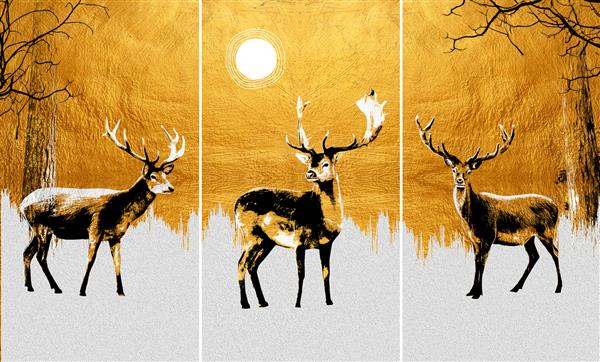 نقاشی مدرن از 3 گوزن در جنگل بافت سبک شرقی بوم خاکستری و طلایی با الگوی انتزاعی مجموعه هنرمندان نقاشی حیوانات برای دکوراسیون و داخلی هنر بوم