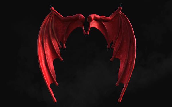 تصویر سه‌بعدی بال اژدهای قرمز بال‌های شیطان سرخ پرهای بال شیطان سرخ جدا شده روی پس‌زمینه تاریک با مسیر برش