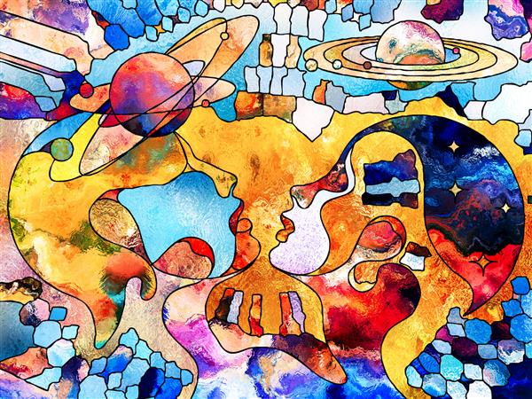 سری Stained Glass Forever سرهای زن و مرد که به بالا نگاه می کنند با الگوها و نمادهای رنگارنگ کیهان با موضوع علم واقعیت درونی و وحدت زندگی