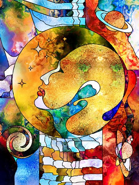 سری Stained Glass Forever سر انسان به بالا نگاه می کند احاطه شده توسط الگوها و نمادهای رنگارنگ کیهان در موضوع دانش واقعیت درونی و وحدت وجود