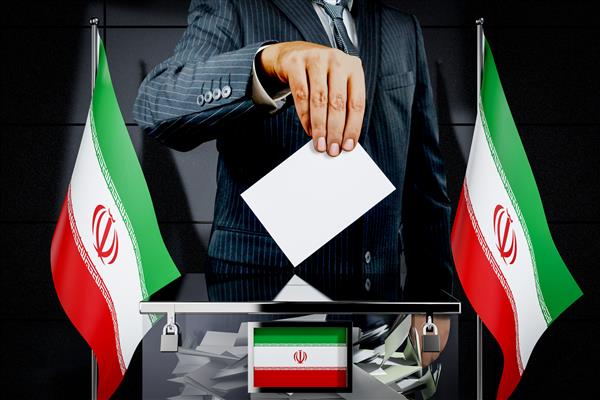 پرچم های ایران کارت رای انداختن دست مفهوم انتخابات تصویر سه بعدی