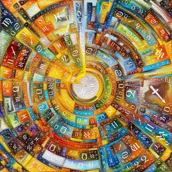 سریال Craft of Astrology نقاشی رنگارنگ انتزاعی از دیسک پرتوها و طاق های رنگی تابشی و نمادهای زودیاک برای نشان دادن منبع انرژی معنوی و قدرت زندگی