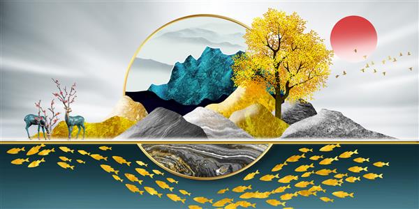تصویرسازی سه بعدی از منظره طبیعی با تصاویر گوزن درخت پرنده