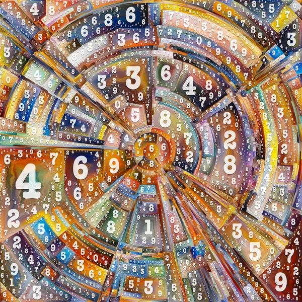 سری Paint by Numbers نقاشی رنگارنگ انتزاعی از دیسک پرتوها و قوس های تابشی رنگ و نمادهای عددی برای نشان دادن منبع انرژی و قدرت افلاطونی در پشت زندگی