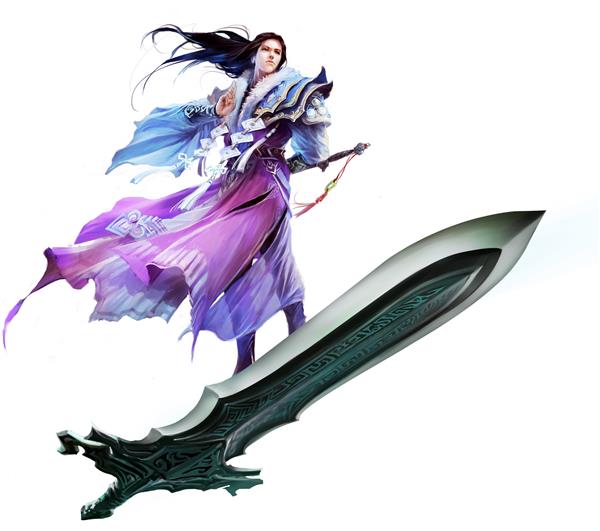 جنگجوی شمشیر در دست دارد شمشیر خود را برای پرواز می راند