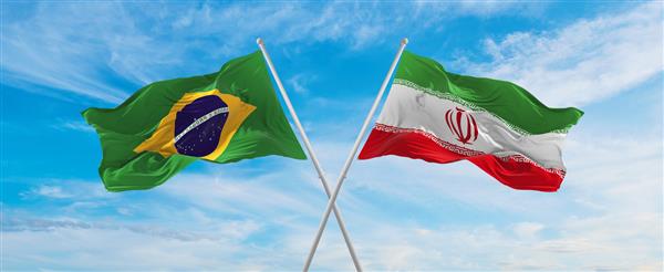 پرچم‌های ملی برزیل و پرچم ایران در آسمان ابری در باد به اهتزاز در آمدند نماد رابطه گفتگو سفر بین دو کشور فضای کپی تصویر سه بعدی