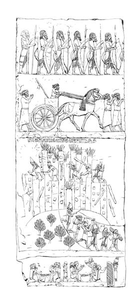 طرحی از نقش برجسته های کاخ شاه آشوربانیپال ثبت زندگی ارتش پادشاهان تاریخ تهاجم را نشان می دهد