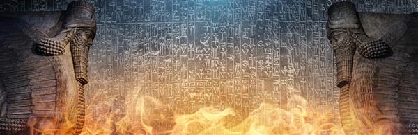 متن سومری باستان که بر روی بافت پاپیروس و مجسمه بالدار لاماسو خدای اسطوره ای آشوری قرار گرفته است پیشینه تاریخی با موضوع آشور بین النهرین بابل وضوح پیش زمینه