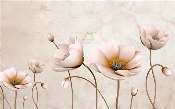 طرح کاغذ دیواری سه بعدی با گل های ریز و درشت با زمینه مرمر برای تزیین