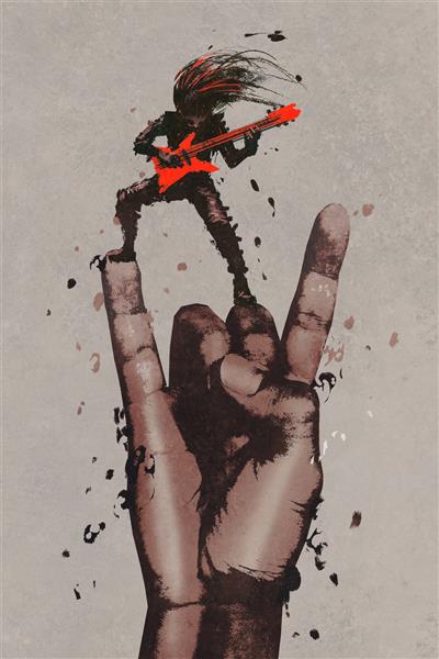 دست بزرگ در تابلوی راک اند رول با گیتاریست نقاشی مصور