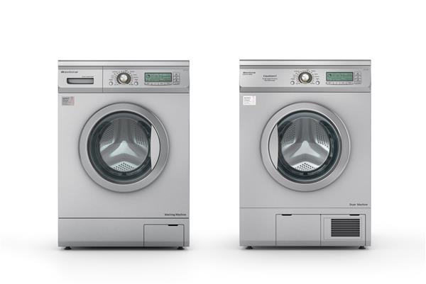 مجموعه ماشین لباسشویی و خشک کن در زمینه سفید تصویر سه بعدی