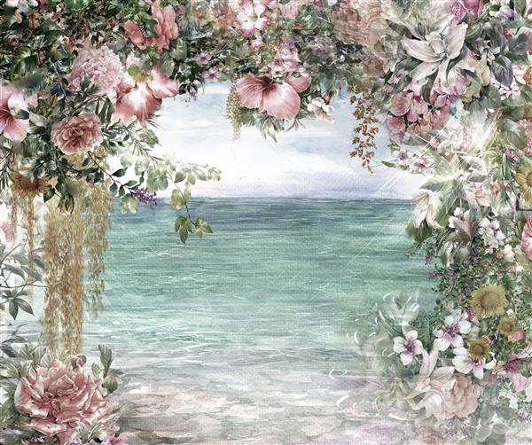 نقاشی آبرنگ با گل های انتزاعی بهار چند رنگ در نزدیکی دریا