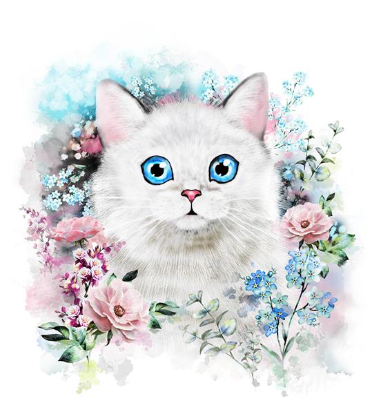 گربه ناز تصویر گربه آبرنگ چاپ تیشرت کارت پوستر گربه رنگ گل و پاشش منزوی هیپستر حیوان