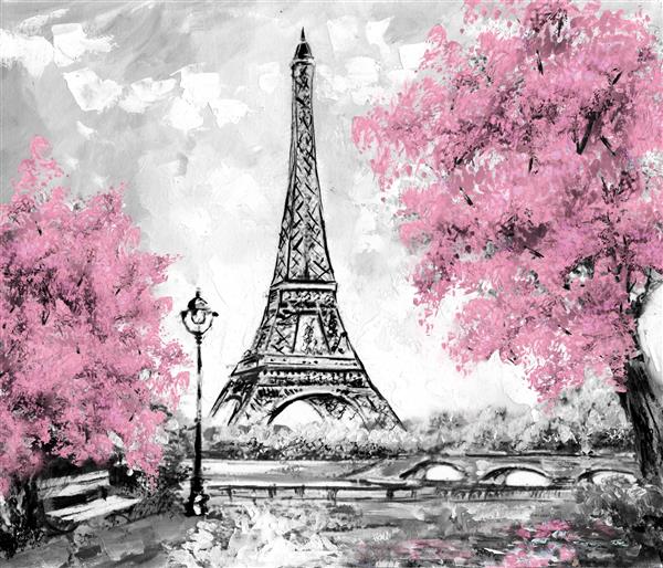 نقاشی رنگ روغن پاریس چشم انداز شهر اروپا فرانسه کاغذ دیواری برج ایفل سیاه سفید و صورتی هنر مدرن درختان