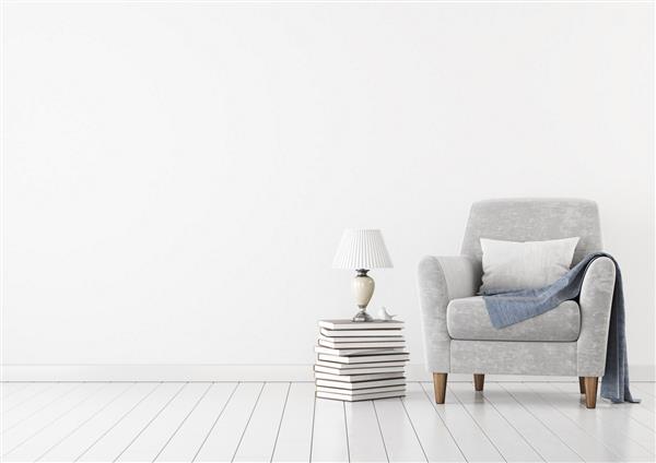 ماکت دیواری سفید خالی با صندلی مخملی خنثی و لامپ روی کف چوبی رندر سه بعدی