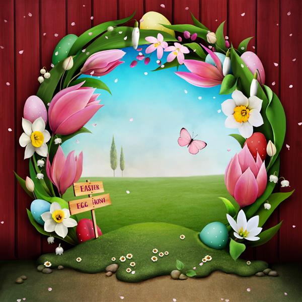 کارت تبریک جشن شکار تخم مرغ عید پاک با تاج گل و منظره سبز