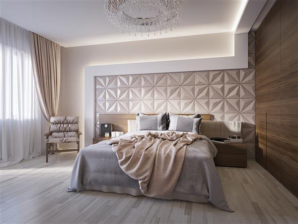 اتاق خواب بزرگ مدرن و بزرگ با پانل های دیواری چرمی رندر سه بعدی