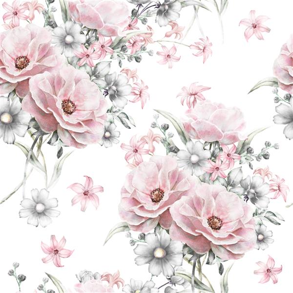 الگوی بدون درز با گل‌ها و برگ‌های صورتی روی پس‌زمینه سفید الگوی گل‌دار آبرنگ گل رز به رنگ پاستلی برای کاغذ دیواری کارت یا پارچه طراحی پارچه