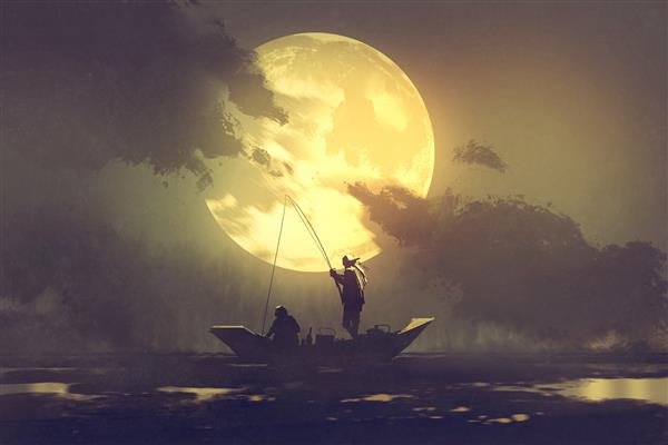 سیلوئت ماهیگیران با چوب ماهیگیری در قایق و ماه بزرگ در پس زمینه نقاشی مصور