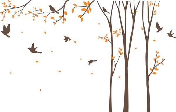 سیلوئت پرندگان با درخت و قفس پرنده
