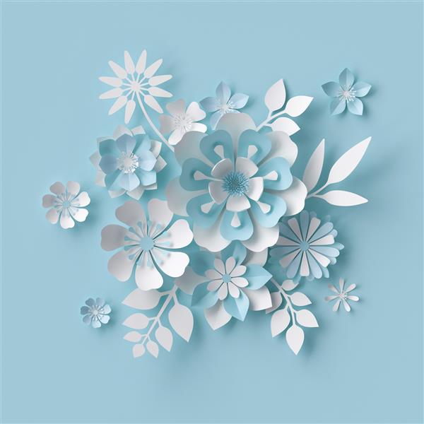 رندر سه بعدی گل های کاغذی سفید انتزاعی دسته گل عروس پس زمینه گل پاستل عناصر طراحی تزئینی جدا شده روی آبی